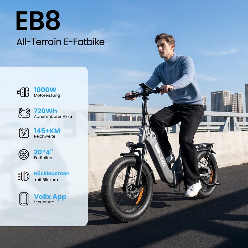 EB8 1000W Faltbares E-Fatbike mit 20" Fat-Reifen und bis zu 145km Reichweite