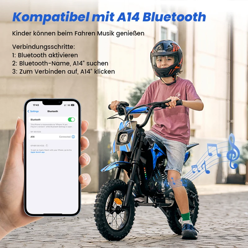 A14 Elektromotorrad für Kinder ab 5 Jahren mit Ambientebeleuchtung