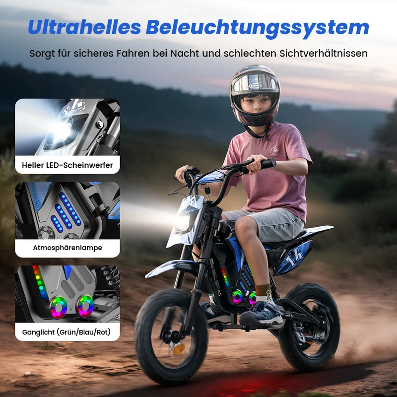 A14 Elektromotorrad für Kinder ab 5 Jahren mit Ambientebeleuchtung