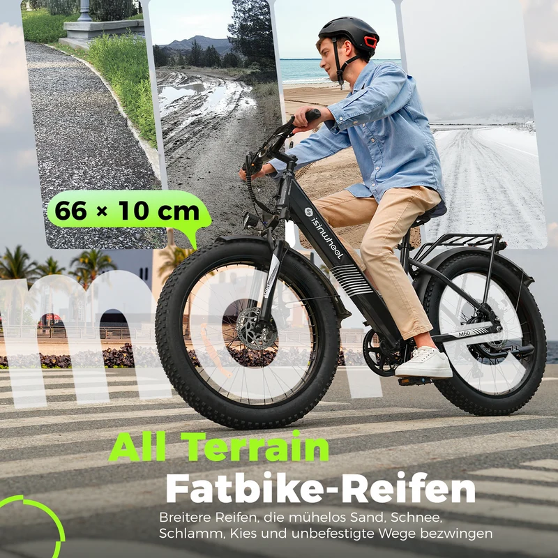 isinwheel M60 E-Fatbike Cruiser mit 26 Zoll Fat Tires 750W Motor