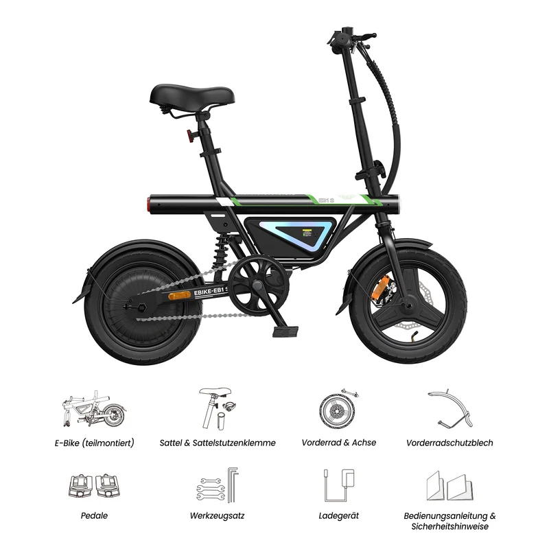 isinwheel EB1S Faltbares E-Bike 55+km mit Schnellem Laden