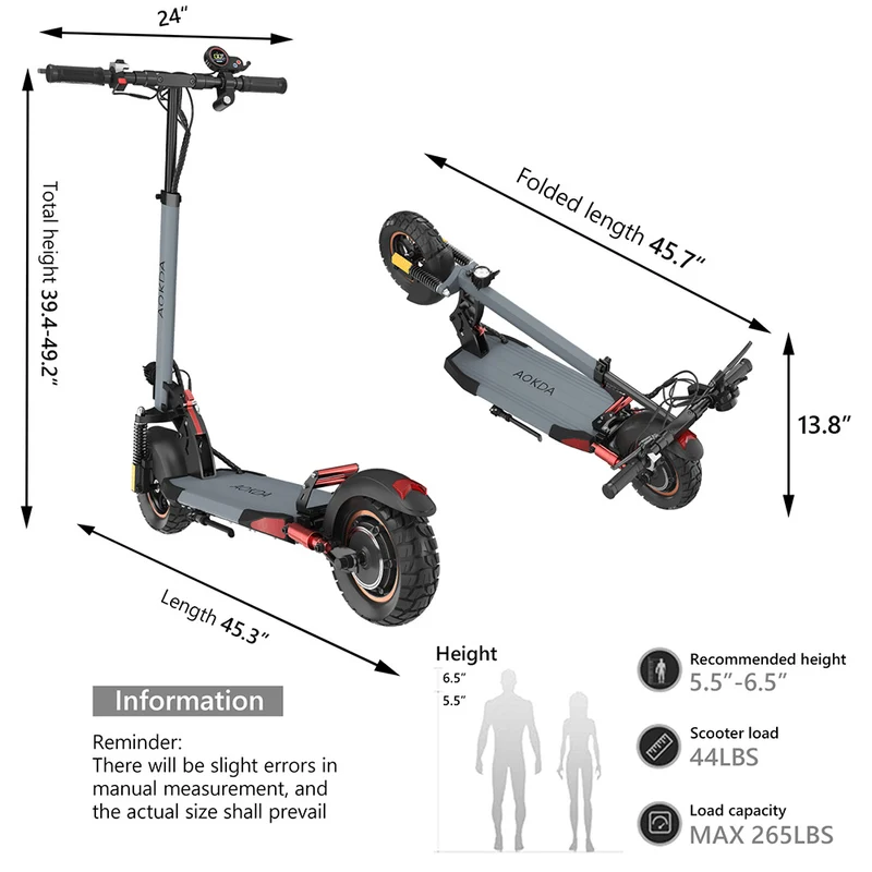 AOKDA A1 Electric Scooter 10" Off-Road Tires 800W Motor 48V 12.5Ah Battery