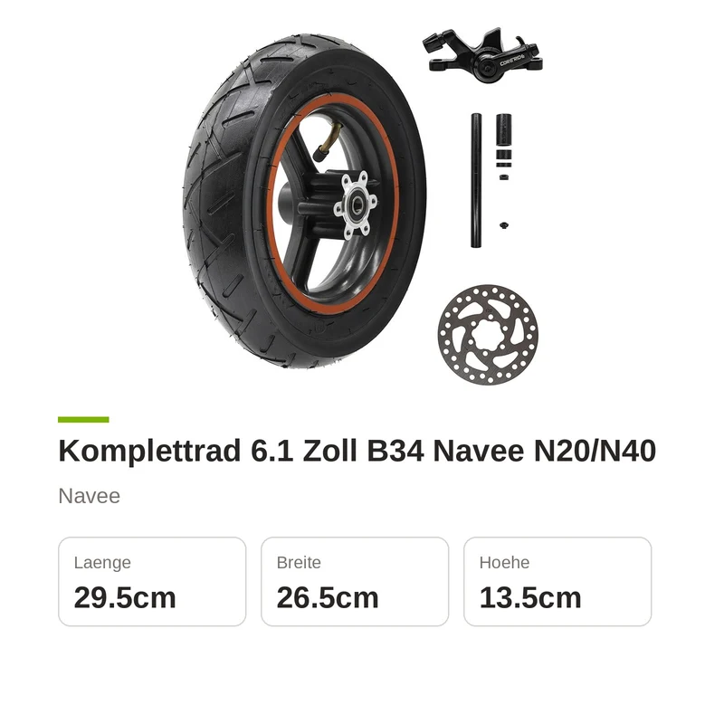 Komplettrad 6,1" B34 mit Bremsscheibe und Bremssattel für Navee N20 / N40