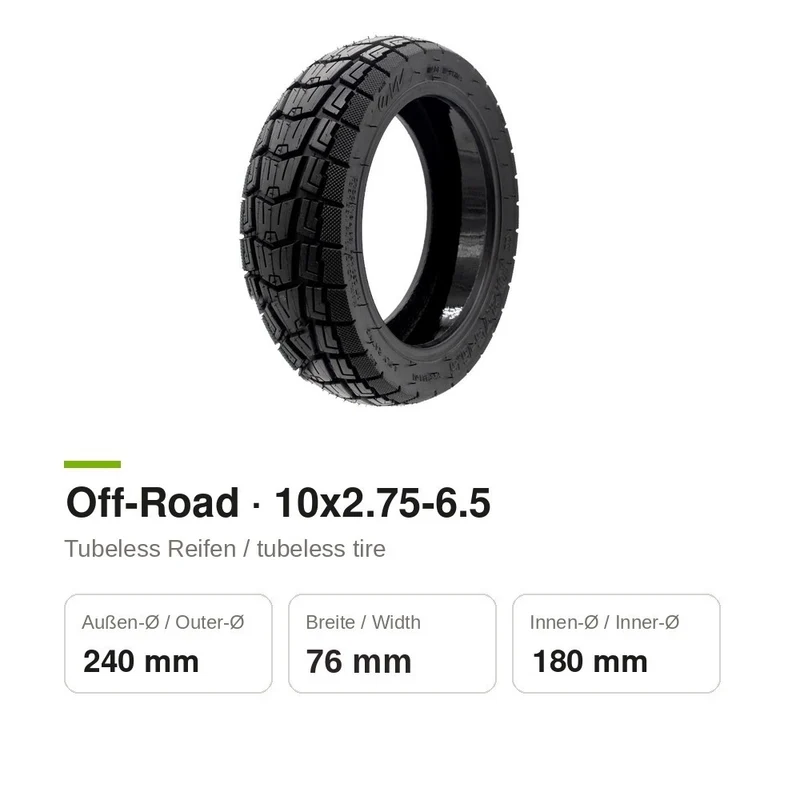 Off-Road Reifen 10x2.75-6.5 Tubeless mit Gel + Ventil für Kukirin G2