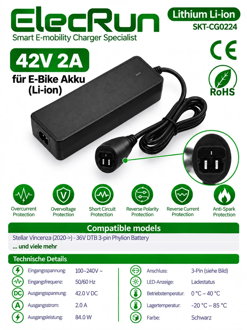 ElecRun E-Bike Ladegerät 42V 2A Phylion 3P für Stellar Vincenza