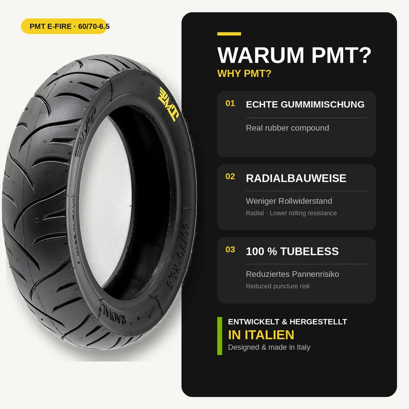 PMT E-Fire Tubeless Reifen 60/70-6.5 mit Ventil für Xiaomi 4 Pro Gen2