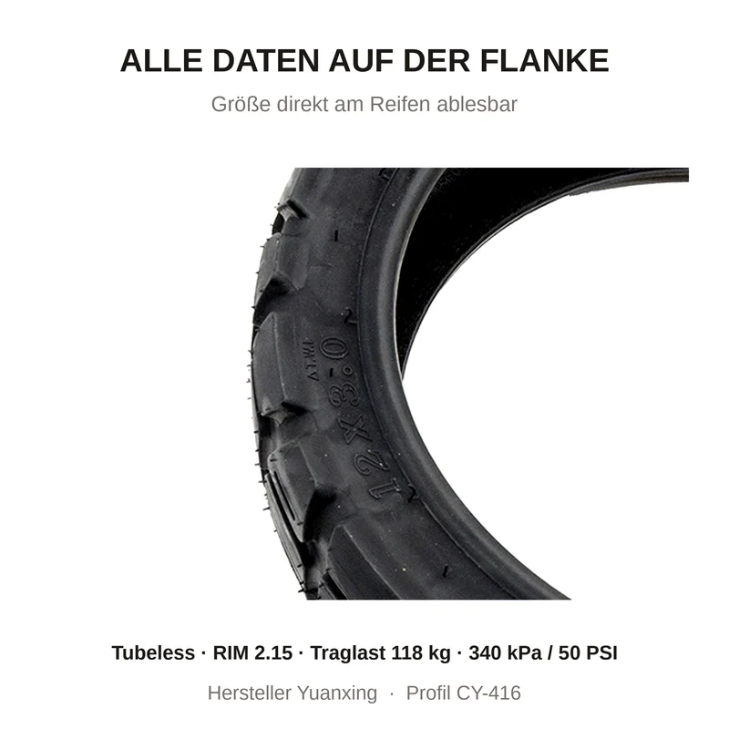 Tubeless Reifen 12x3.0-8 Offroad mit Ventil für Xiaomi Electric Scooter 6 Ultra