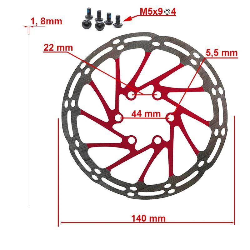Bremsscheibe EWD002 140mm 6-Loch Rot mit Schrauben für Kukirin G4