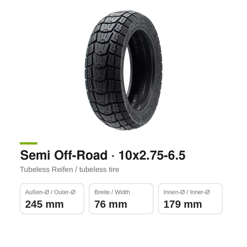 Semi Off-Road Reifen 10x2.75-6.5 Tubeless + Ventil für Kukirin G2 Master 2025