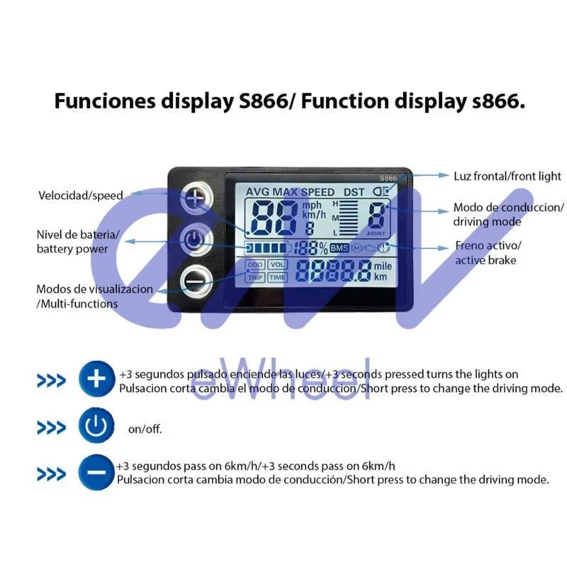 Display S866 mit wasserdichtem Anschluss Ewheel für Fahrrad E-Scooter