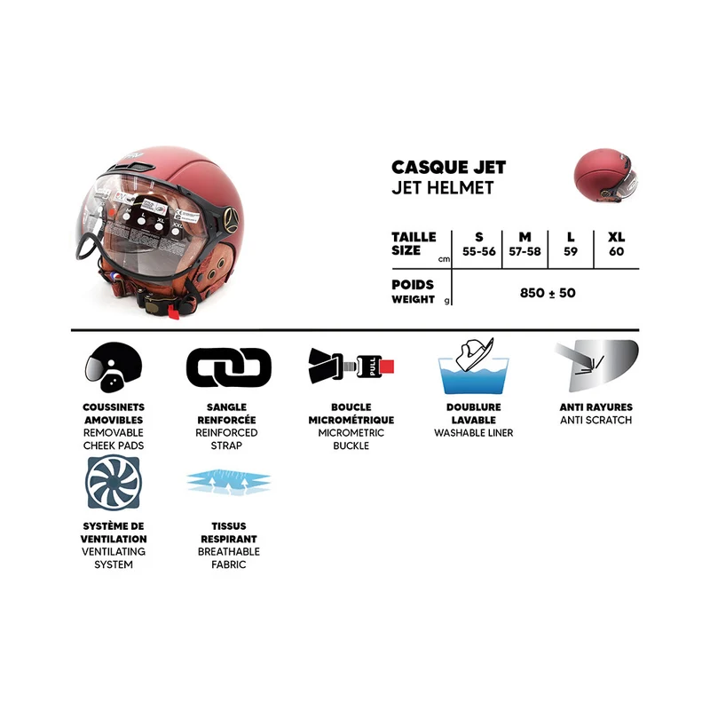 Casque JET bordeaux mat (taille XS à XXL) (XXL)