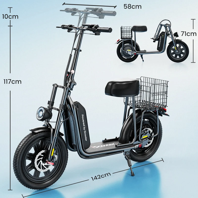 iScooter F7 Seated Electric Scooter - 16" Fat Tires, Detachable Cargo Basket