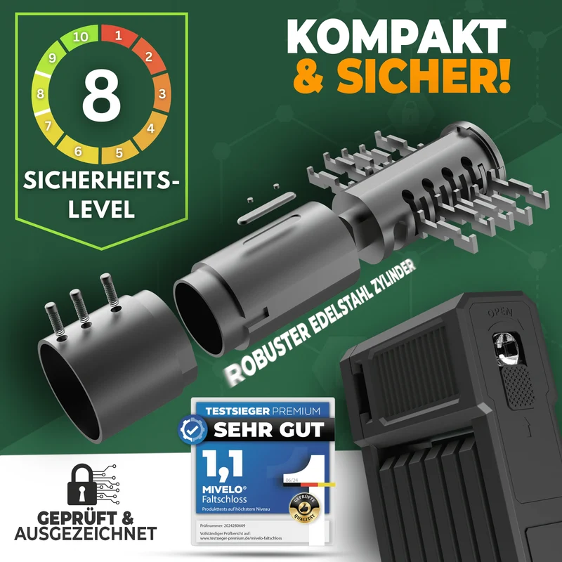 Mivelo Faltschloss mit Schlüssel 85cm & Carbonstahl-Kern
